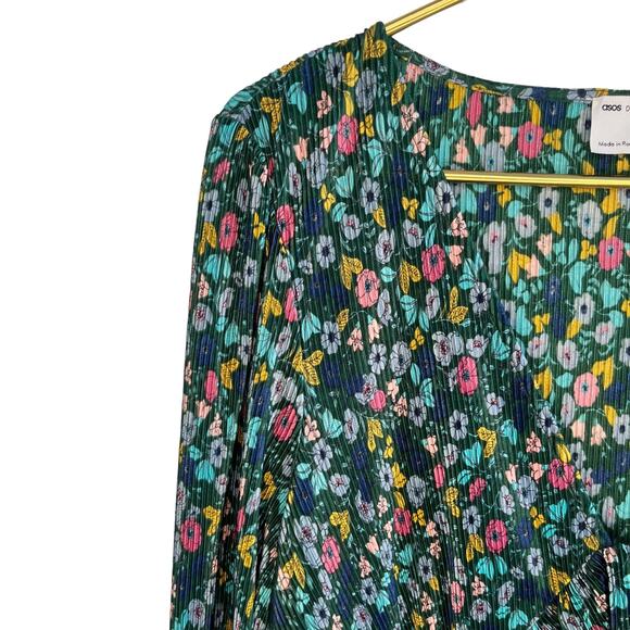 ASOS Design Midi Plisse Dress Green Floral Boho 12 - Picture 7 of 11